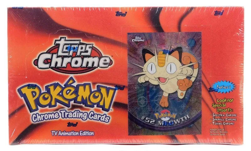 Topps Chrome Pokémon trading card pack featuring Meowth, orange and red packaging.