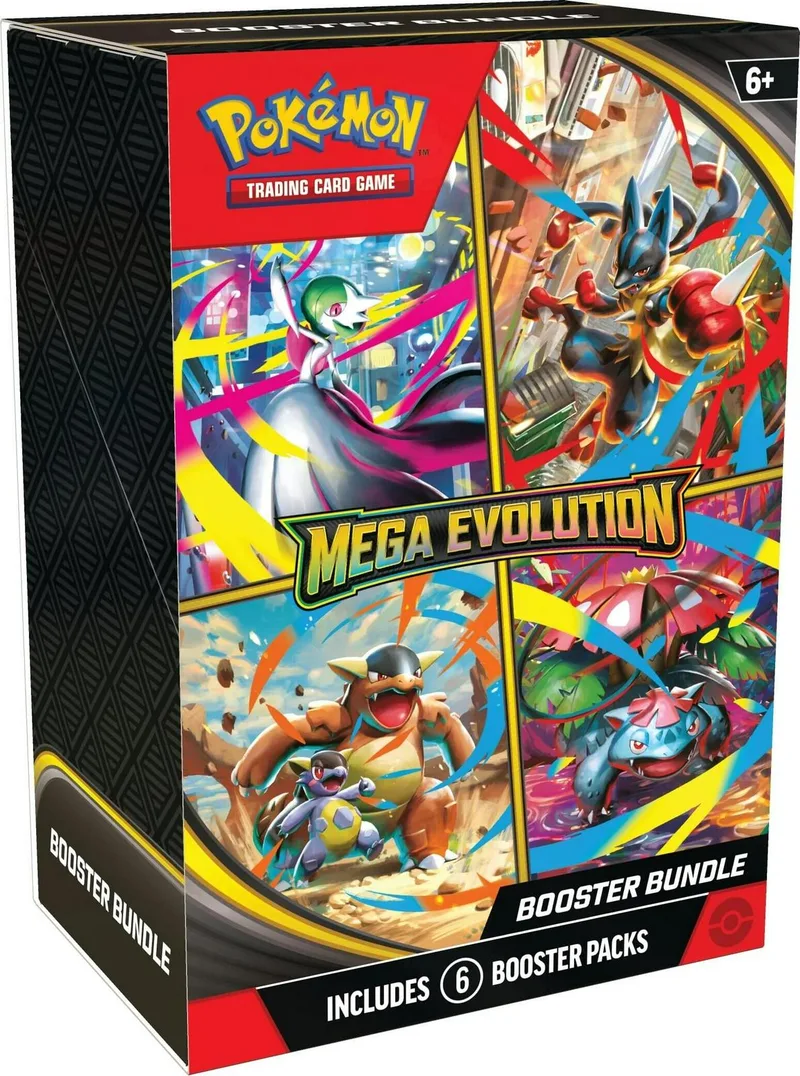 Pokémon Mega Evolution booster bundle box featuring vibrant card art.