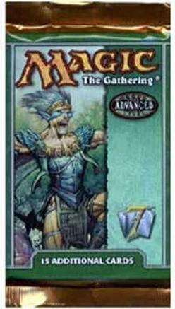 Fantasy art card featuring a blue-skinned figure in armor, sealed in foil pack.