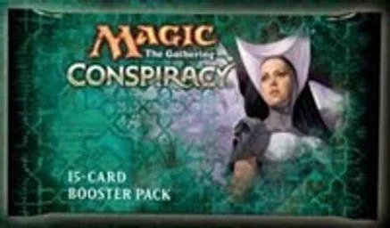 Magic: The Gathering Conspiracy 15-card booster pack art featuring a hooded figure.