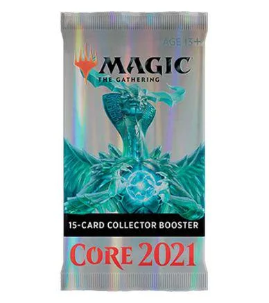 Magic: The Gathering Core 2021 15-card booster pack, blue and green artwork.