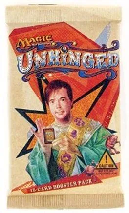 Card booster pack featuring a man in green and gold, "Unhinged" branding.