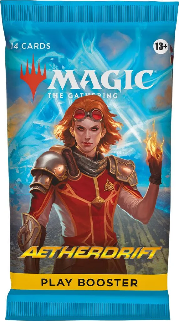 Bag of Magic: The Gathering Aetherdrift booster pack featuring a warrior character.