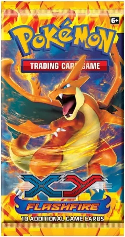 Pokémon Trading Card Game Flashfire booster pack featuring a fiery, orange and yellow creature.