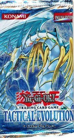 Blue and white dragon artwork on Konami Yu-Gi-Oh! Tactical Evolution booster pack.