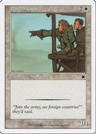 Two soldiers in green uniforms leaning on a wooden post. Border Guard card.