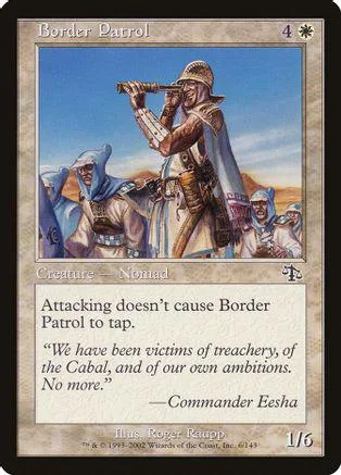 Nomad character with trumpet, desert setting, Border Patrol card art.