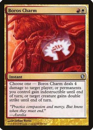 Red and black card art featuring a figure with a white symbol. Boros Charm instant spell.