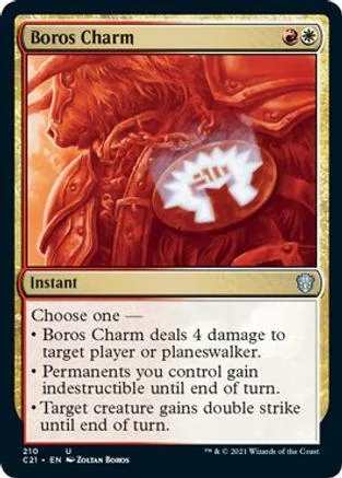 Red-robed figure with white symbol on chest, Boros Charm Magic card.