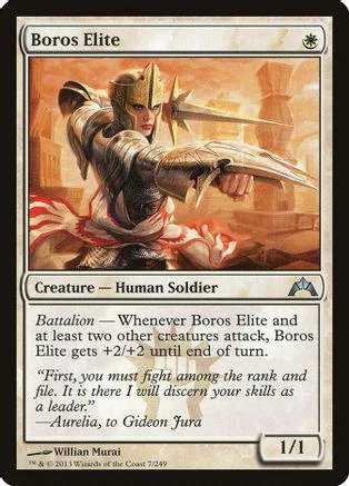Warrior in golden armor points sword. Card art, Boros Elite, 1/1.