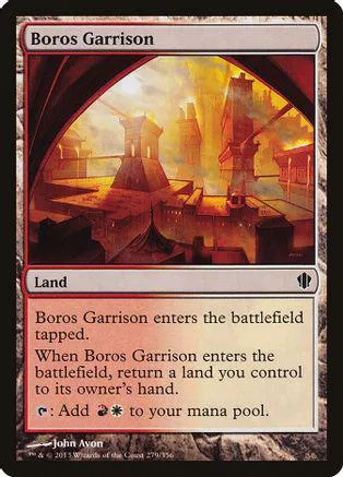 Card art depicts a fiery, industrial cityscape. Boros Garrison land card.