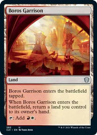 Land card art showing a medieval townscape with windmills under a bright sky.