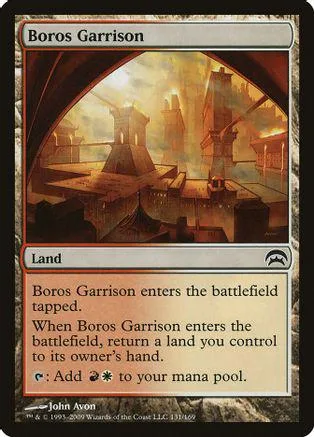 Card art depicts a sprawling, autumnal, industrial landscape. Boros Garrison text visible.