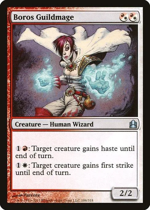 Red and white wizard with flowing white cloak on a Magic: The Gathering card.