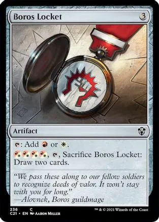 Metal locket artifact card, silver and red, showing an open locket design.