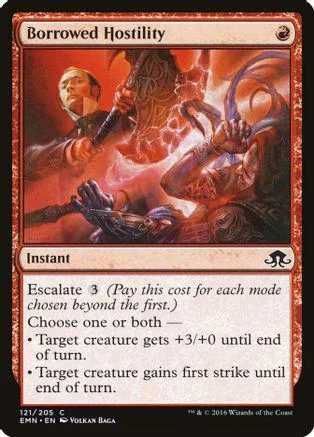 Magic: The Gathering card, Borrowed Hostility, featuring fiery, chaotic artwork.