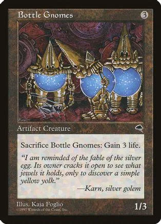 Gold bottle gnomes on a dark background, showing an artifact creature card.