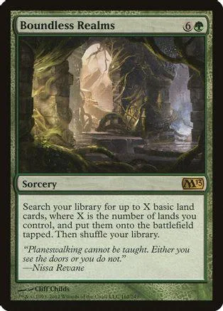 Magic: The Gathering card, Boundless Realms, green and dark forest art.
