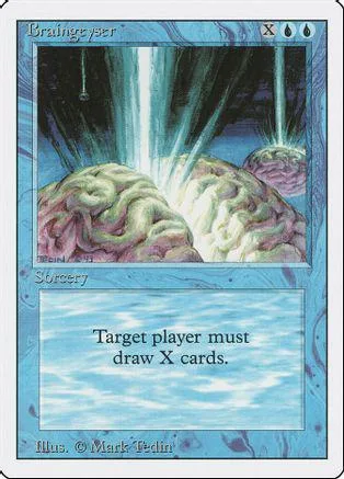 Braingeyser Magic: The Gathering card, blue and green art, showing glowing brains.