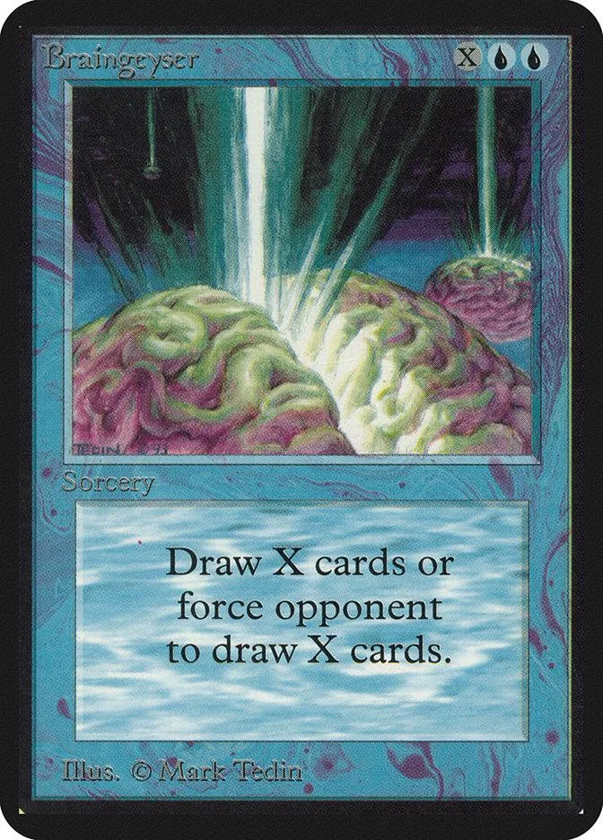 Magic: The Gathering Braingeyser card, vibrant green and purple art, standard card frame.