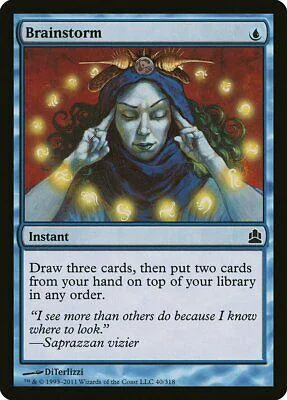 Woman with blue hood, glowing light, on a card titled "Brainstorm.