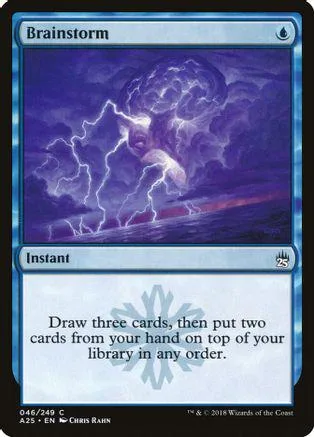 Blue and purple magic storm over a dark landscape on a trading card.