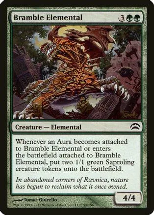 Orange elemental creature on a green card, showing battle damage.