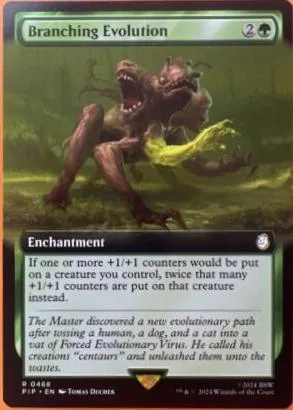 Dark, monstrous creature on a green, swampy background. Card art for Branching Evolution.