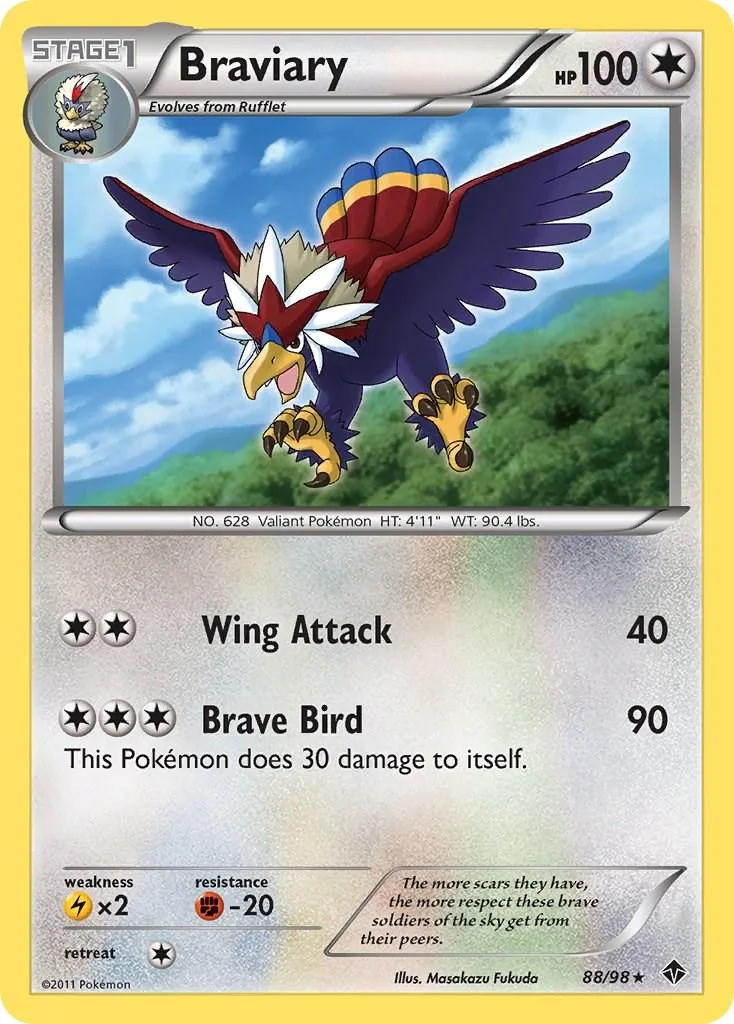 Flying creature Pokémon card, blue and red, showing a bird in flight.