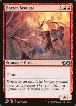 Brown goblin creature with horns on a card, showing "Brazen Scourge.