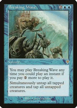 Blue and green Magic: The Gathering card, Breaking Wave, showing monstrous sea creatures.