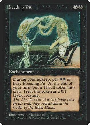 Two figures entwined in a dark, ethereal scene on a black card.