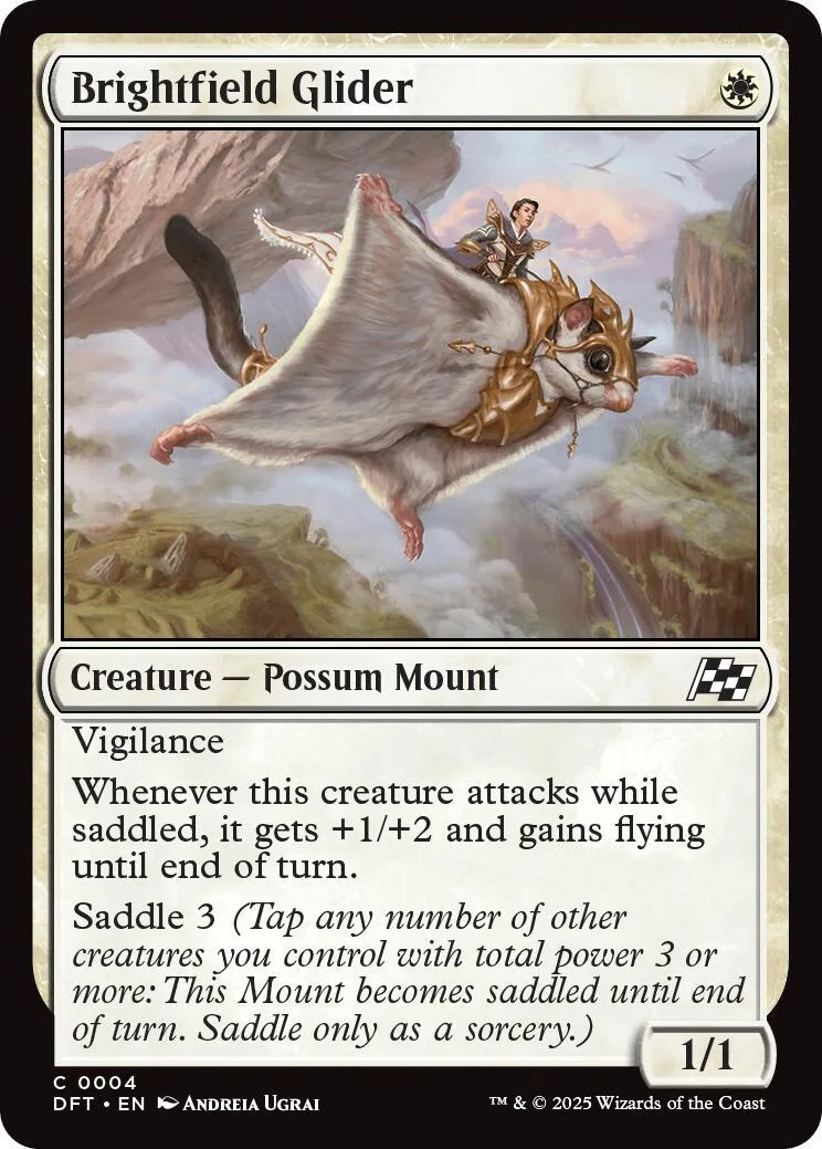 Possum mounted on a glider, flying over rocky landscape. Card art.