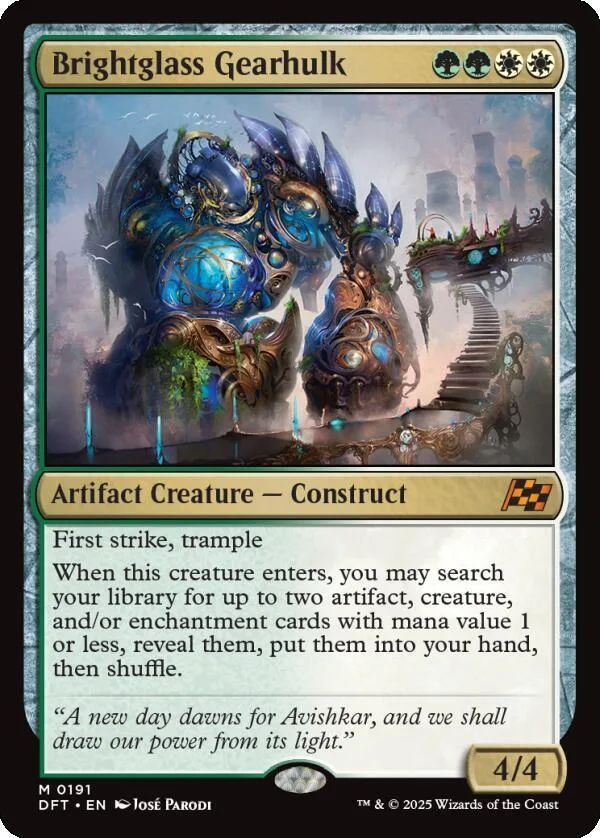 Blue and black construct creature on a card with green and white mana symbols.