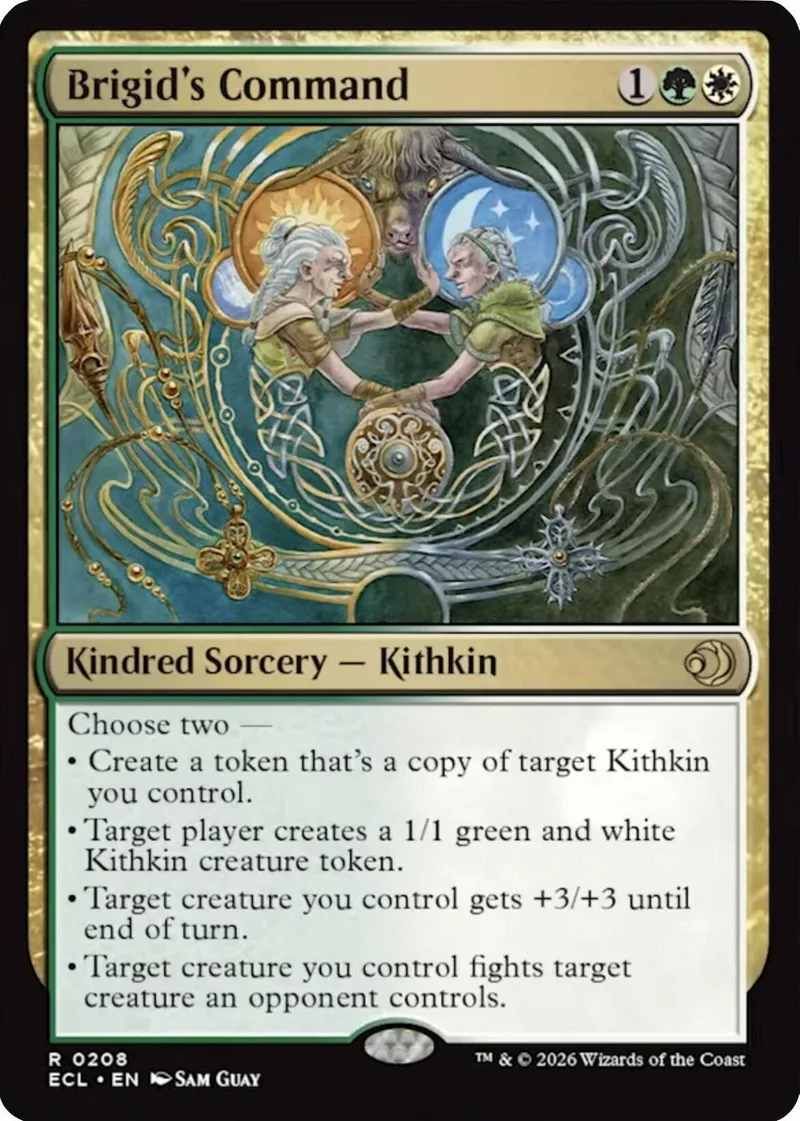 Magic: The Gathering card, Brigid's Command, featuring two figures in a circular design.