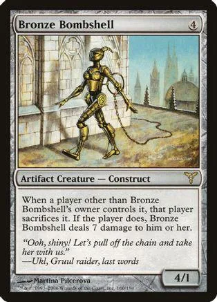 Bronze Bombshell card art: metallic figure in stone city landscape.