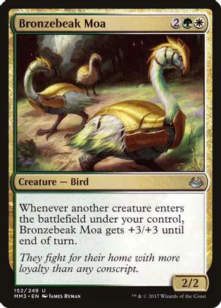 Bronzebeak Moa creature card art: brown and gold bird in a forest setting.