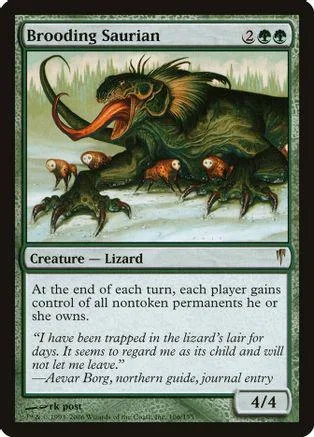 Green lizard creature with small brown lizards, on a card.