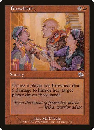 Card art shows two figures interacting with a third man. Brown and orange tones.