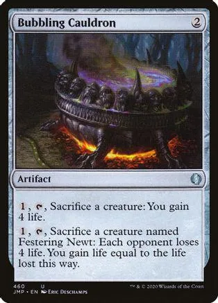 Dark cauldron with glowing purple and orange flames on a card.