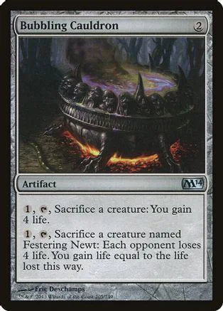 Dark cauldron bubbling with fire and purple energy on a card.
