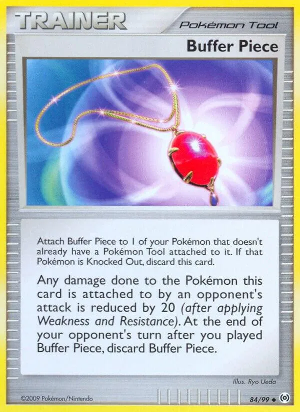 Red pendant necklace on a Pokémon Trainer card with purple glow.