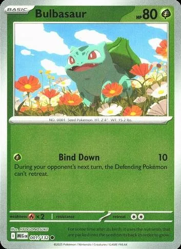 Bulbasaur Pokémon card, green and blue, showing the creature in a field.