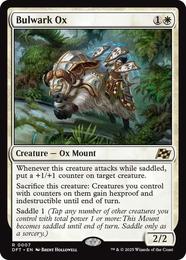 Ox mount creature card art featuring a brown ox and armored rider in a forest.