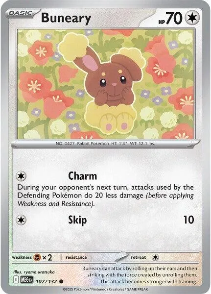 Brown rabbit Pokémon card with pink and green floral background.