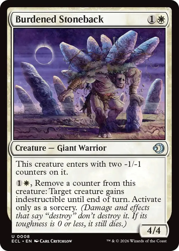 Giant warrior creature card art, purple and brown tones, showing a large figure among stones.