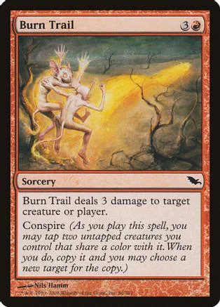 Sorcery card art: figures dancing in a fiery, desolate landscape.