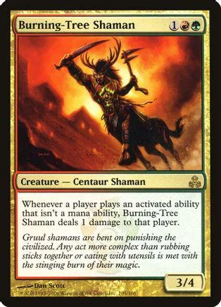 Centaur shaman figure in dark, fiery landscape on a Magic: The Gathering card.