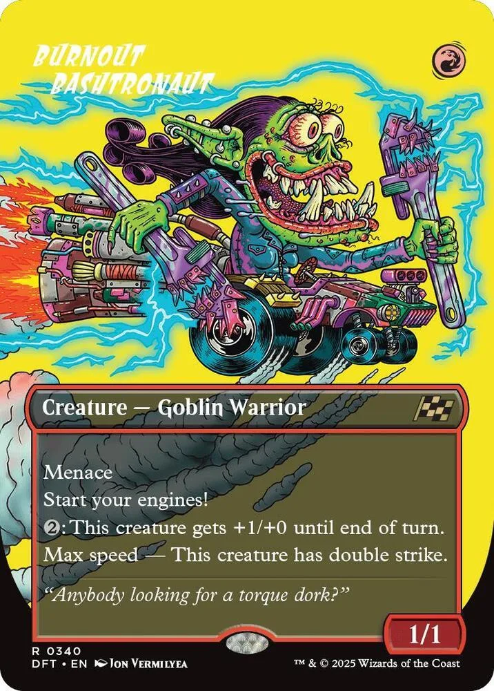 Green goblin warrior creature card art, vibrant colors, showing action.