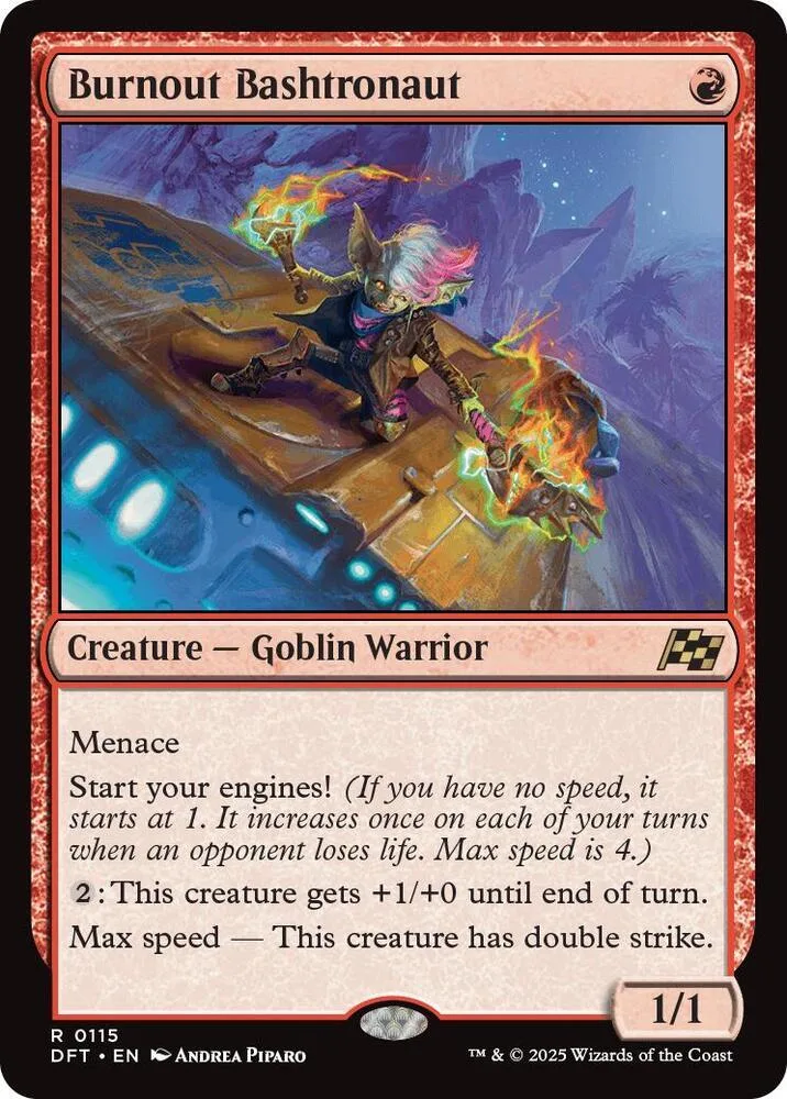 Goblin warrior creature card with fiery effects, dark fantasy art.